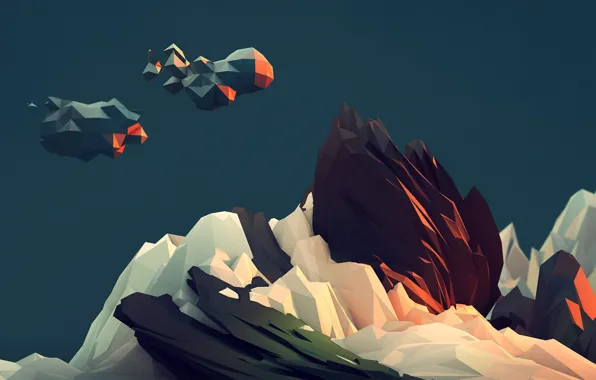 Green, red, white, black, yellow, blue, mountain, paper