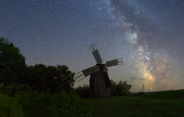 Picture the sky, landscape, night, nature, stars, mill