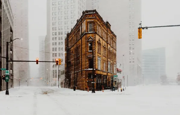 Winter, snow, the city, home, USA, street, Blizzard