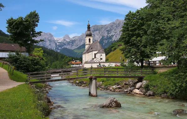 Mountains, bridge, river, Germany, Bayern, Alps, Church, Germany