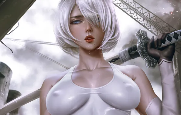 Girl, Chest, Minimalism, Figure, Lips, Face, Sword, Eyes
