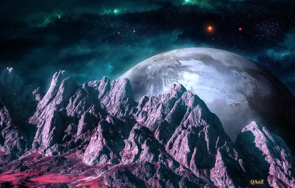 Picture space, stars, mountains, nebula, landscape, planet, art, relief