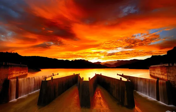 The sky, water, clouds, sunset, corners, construction, pond