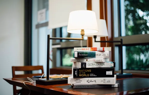 Picture background, blur, bokeh, table, lamps, books