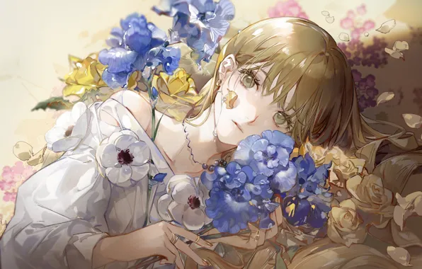 Girl, white dress, white roses, bangs, blue flowers, lying on his side, by Nnori_ro