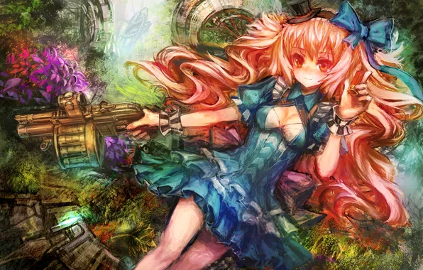 Girl, weapons, hat, bow, blue dress