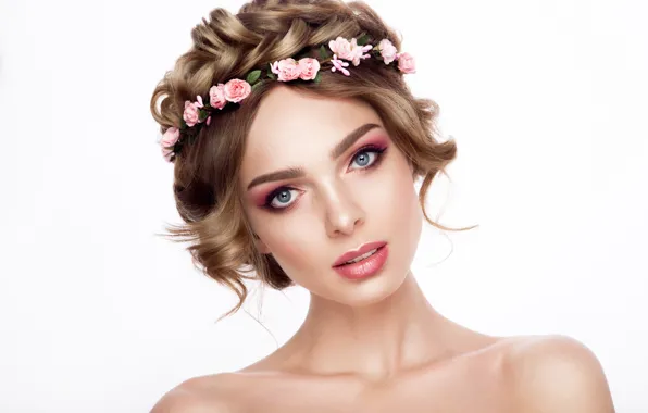 Picture look, girl, roses, makeup, hairstyle, shoulders, wreath