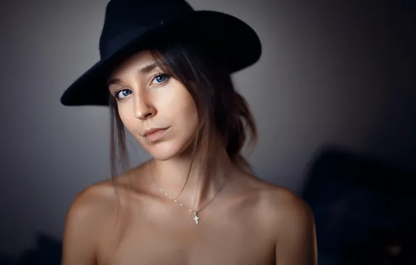 Picture girl, bokeh, makeup, hairstyle, Lorenza, brown hair, background, hat