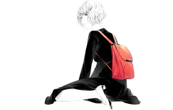 Girl, sitting, art, sawasawa, red backpack