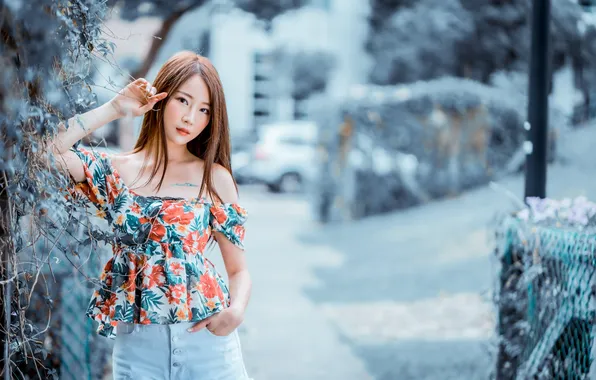 Summer, look, girl, the city, street, model, blouse, Asian