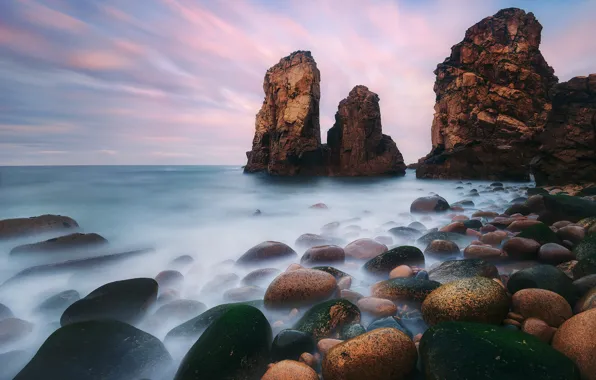 Sea, the sky, clouds, fog, stones, rocks, dawn, morning