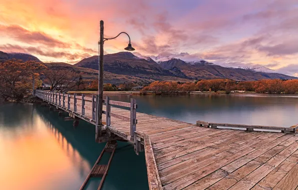 Picture mountains, bridge, lake, lantern