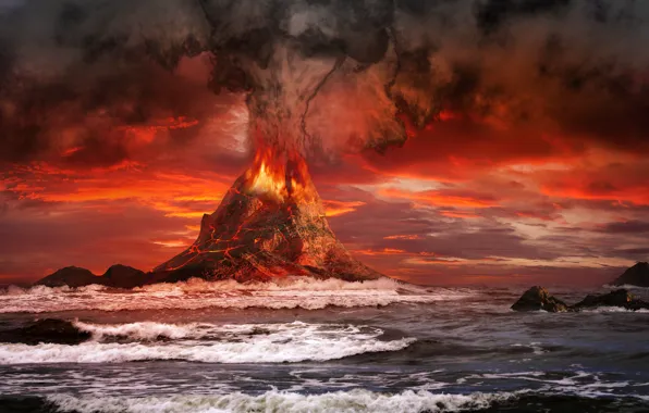 Picture red, sea, ocean, mountains, volcano