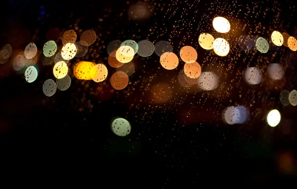 Picture glass, drops, macro, night, lights, rain, colorful, bokeh