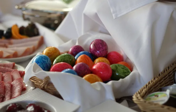 Table, holiday, white, bright, eggs, towel, spring, Easter