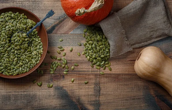 Table, Board, spoon, pumpkin, pumpkin, bowl, placer, seeds