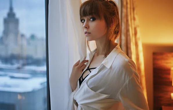 Look, girl, window, shirt, Olga Pushkina, Sergey Fat, Sergey Zhirnov