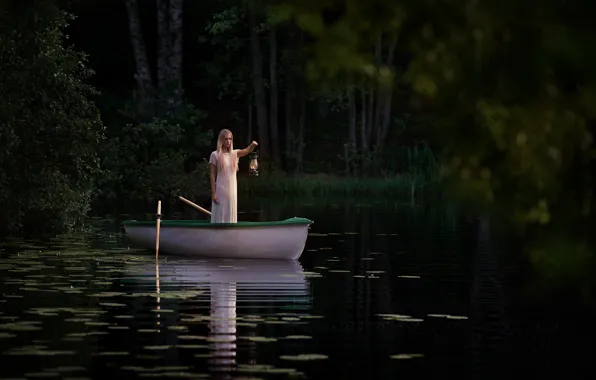 Picture girl, boat, lamp, The Lake, Jörgen Petersen