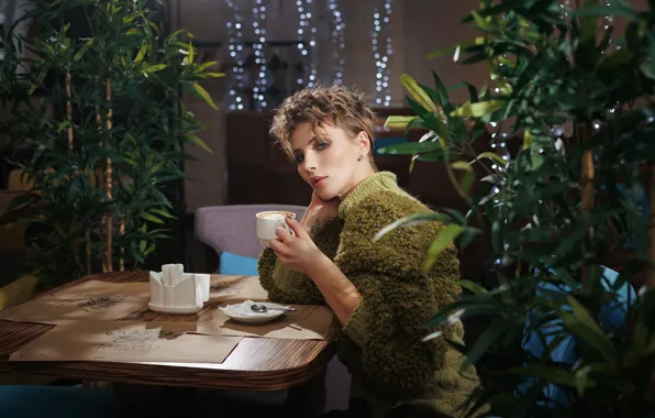 Look, girl, pose, photo, coffee, Cup, cafe, Vadim Mironov