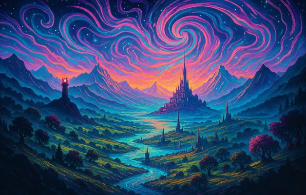 Trees, mountains, river, magic, beauty, tale, neon, mystic