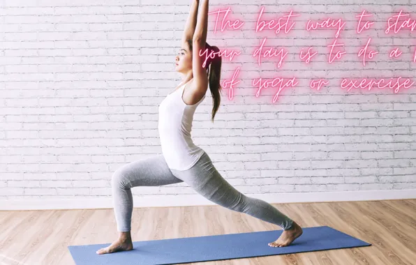 Sunny, Yoga, Side view, White bricks wall, Warrior pose, Fit Girl doing yoga