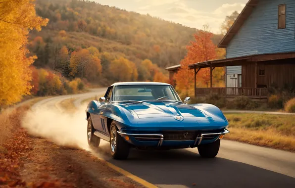 Picture 1965, canada, musclecar, american car, autumn forest, corvette stingray, indian summer, contryside