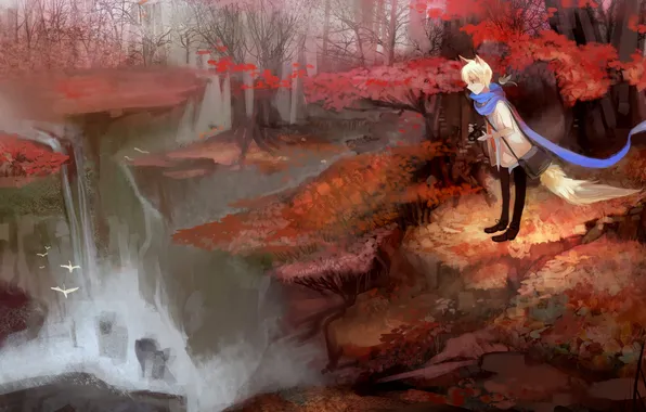 Autumn, forest, girl, bird, waterfall, Fox