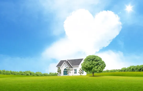 Picture clouds, heart, House