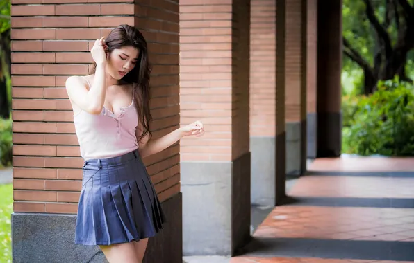 Picture girl, young, beautiful, model, asian, long-haired, tank top, mini skirt