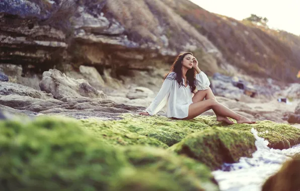 Nature, pose, stones, model, moss, portrait, makeup, figure