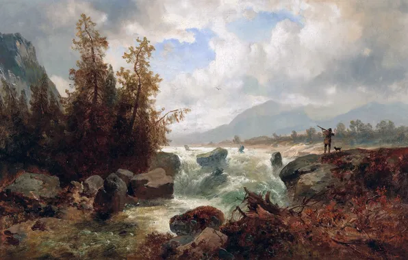 Clouds, Mountains, Trees, Stream, Picture, Male, Hunter, Austrian artist