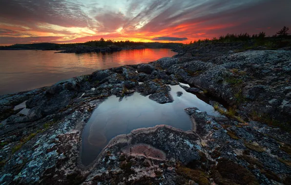 Picture landscape, sunset, nature, lake, stones, Lake Ladoga, Karelia, Ladoga