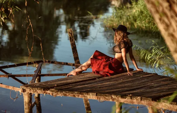 Chest, the sun, trees, nature, sexy, pose, river, model