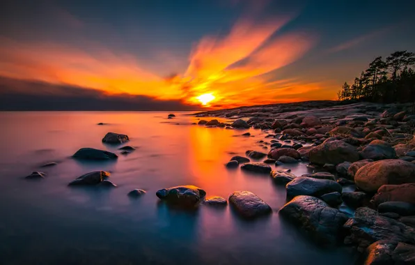 The sky, the sun, clouds, trees, landscape, sunset, stones, paint