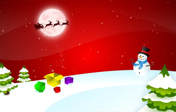 The moon, tree, snowman, sleigh, deer