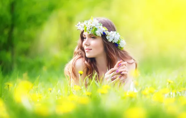 Picture LOOK, NATURE, GRASS, FIELD, GREENS, FLOWERS, BROWN hair, MOOD