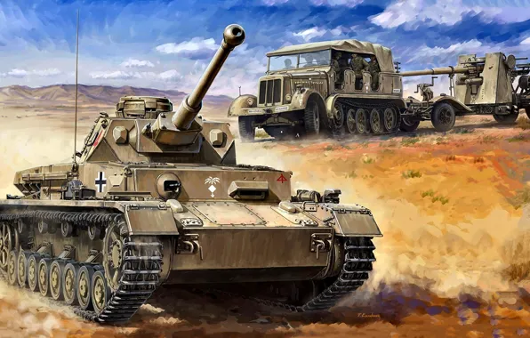 Tank, Tractor, Anti-aircraft gun, The Wehrmacht, DAK, 15.Panzer-Division, Pz. VI Ausf. F2, 8.8 cm Flak …