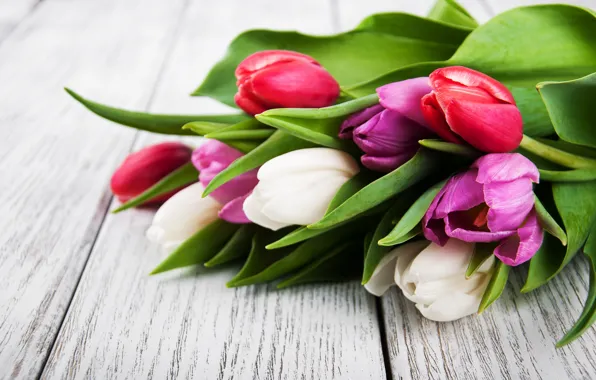 Flowers, bouquet, colorful, tulips, wood, pink, flowers, tulips
