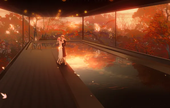 Autumn, nature, pool, lovers, gazebo