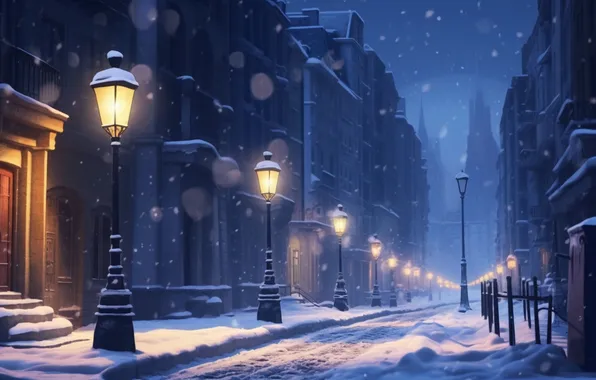 Winter, snow, night, street, Christmas, lights, lantern, New year