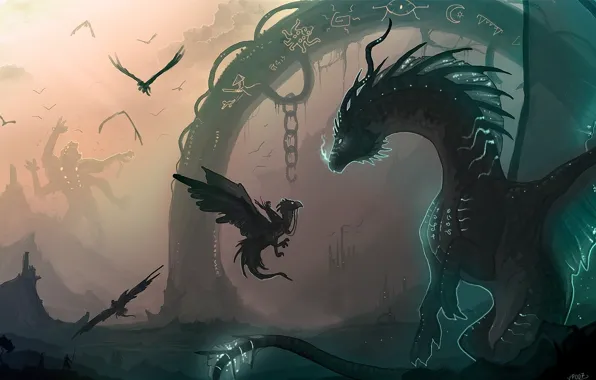 Picture magic, monster, dragons, art, arch, giant, rider, cub