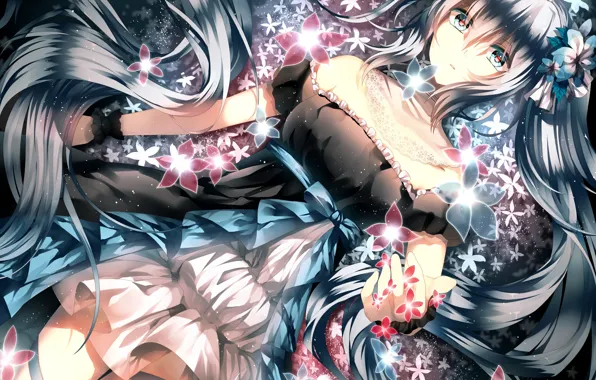 Picture girl, flowers, tape, anime, art, vocaloid, hatsune miku, bow
