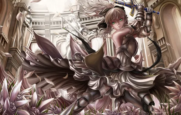 Picture girl, flowers, sword, art, temple, saber, fate stay night, saber lily
