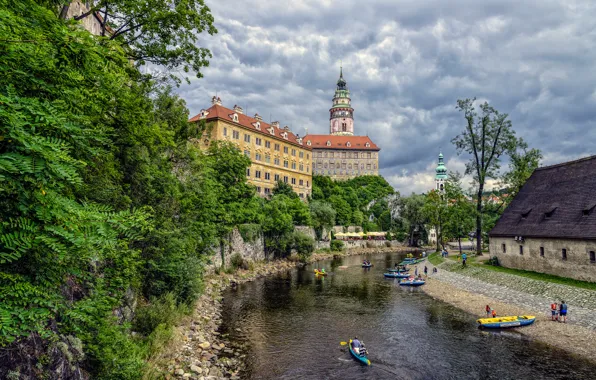 The sky, clouds, trees, river, castle, boat, tower, home