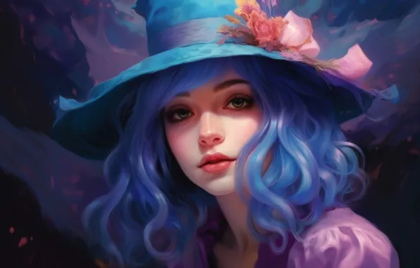 Look, girl, portrait, hat, painting, blue hair, purple background, imitation painting