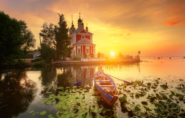 Picture landscape, sunset, nature, river, boat, Church, Gordeev Edward, Eduard Gordeev