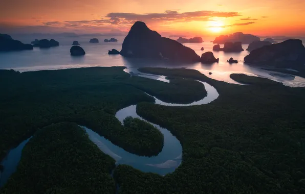River, Sunset, Sea, The evening, Rocks, Horizon, Thailand, Evgeni Fabis
