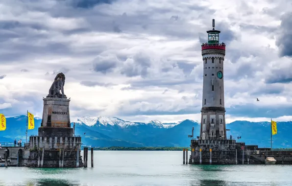 Picture the sky, clouds, mountains, lighthouse, Germany, Bayern, Baden lake, Lindau