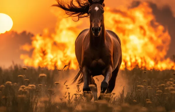 The sun, Horse, Grass, Smoke, Fire, Fire, Dawn, Running