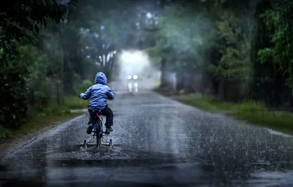 Road, rain, boy